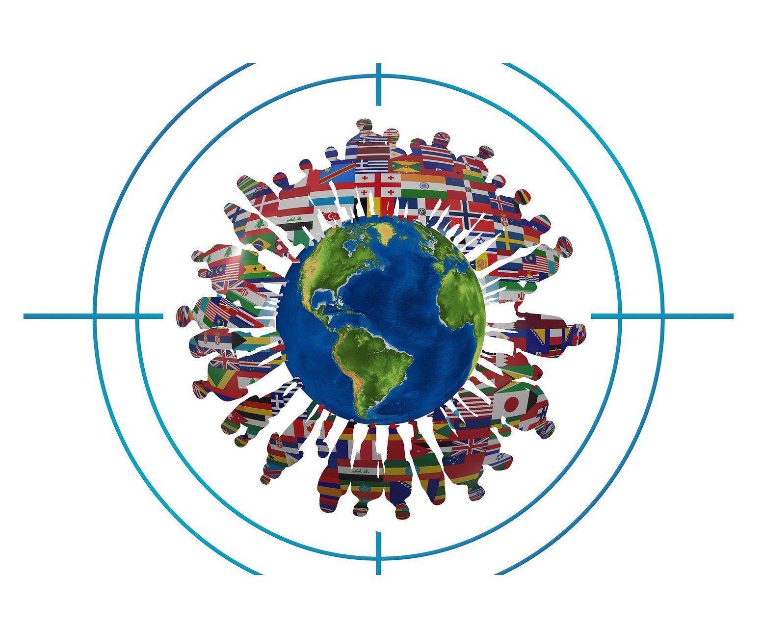 Image of a globe with the silhouettes of people standing on the circumference of the globe. The silhouette of the people has been filled in with the flags from countries in the world.