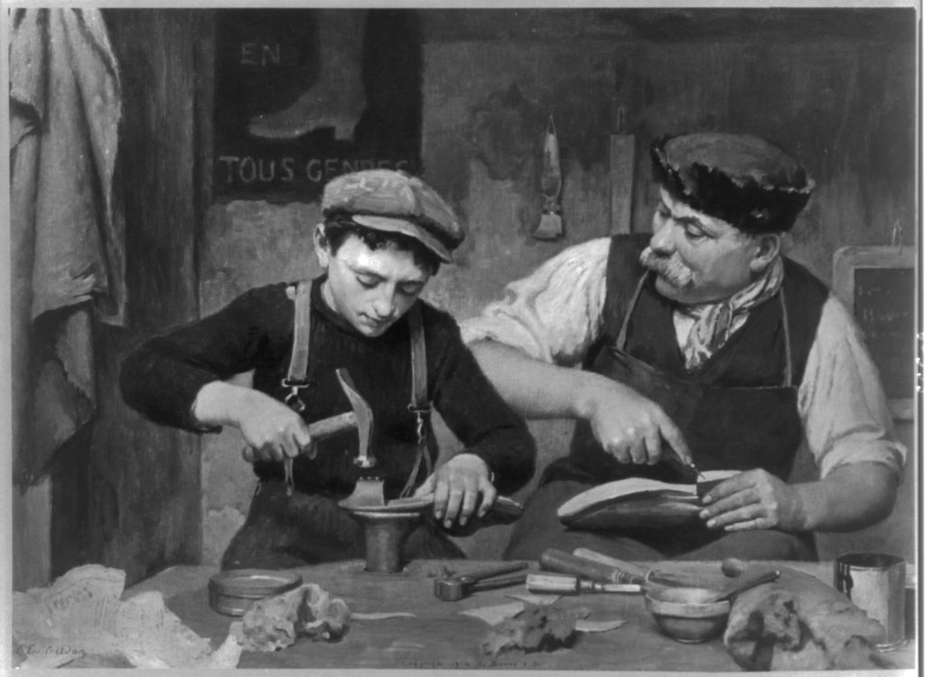 Black and white painting of a cobbler and apprentice at a workbench
