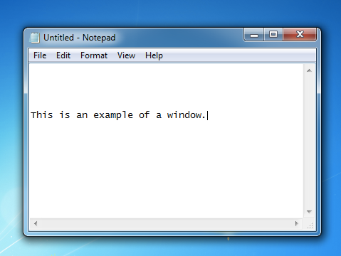 A window is open displaying a text box. The text box has options such as File, Edit, Format, View, and Help. In the text box itself is a sentence saying, "This is an example of a window."