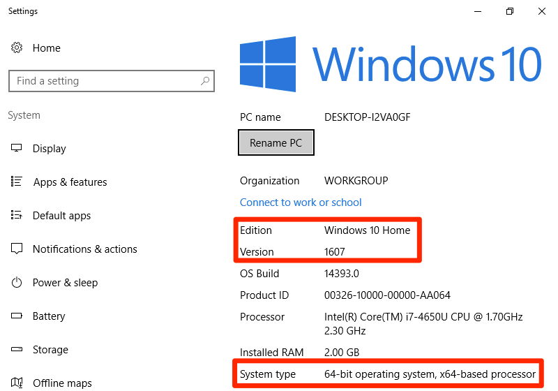 This display shows the about menu of the Windows 10 operating system. In this window it describes the edition, the version, the OS build, the product ID, the processor, the installed RAM, and the system type of the Windows 10 PC. The edition and version labels are surrounded by a red box to highlight them. The system type is also surrounded by a red box.