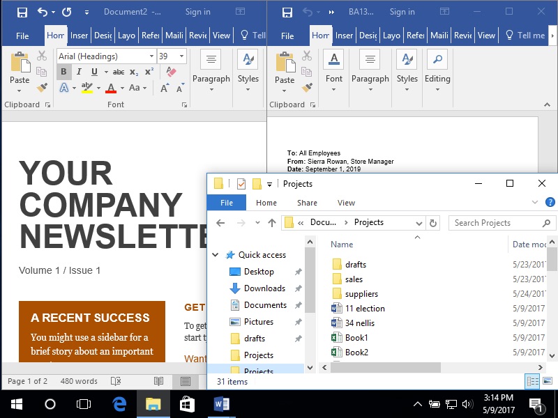There are two Microsoft Word documents open each taking up one half of the scree. Each document has it's own specific text. The file finder for the operating system has been opened and is being displayed over the majority of the document on the right side of the screen. It is only partially covering the document on the left side of the screen.