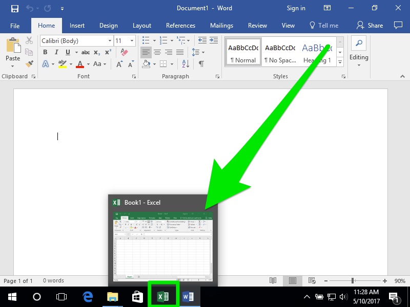 A blank Microsoft Word document. On the bottom in the tool bar an Excel Sheet is being hovered over making it expand into a miniature window. There is a massive green arrow pointing to the small excel sheet coming coming from the top right corner and pointing downwards and to the left.