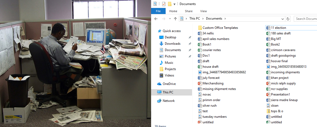 An image of a man sitting amongst a cluttered assortment of physical files is directly next to an image of a windows file center. This shows the ease and simplicity of storing files virtually.