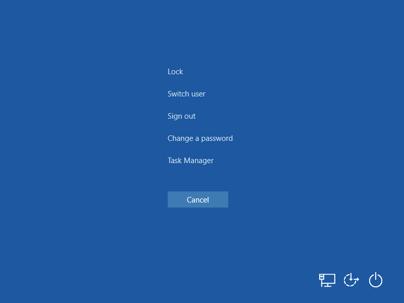 The Windows 10 Ctrl+Alt+Delete screen.
