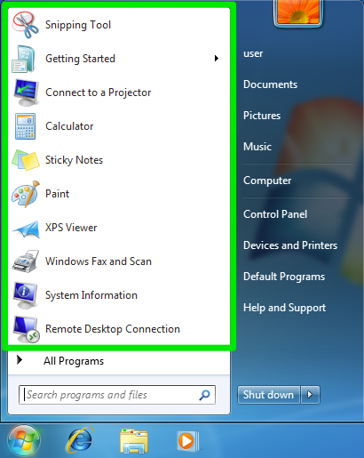 Most frequently used programs on a windows 7 server display screen. There is a green box highlighting all of the different programs that are frequently used.