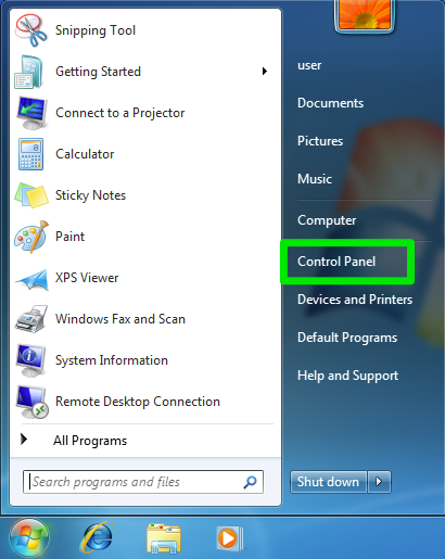 Windows 7 start menu with "control panel" being highlighted by a green box.