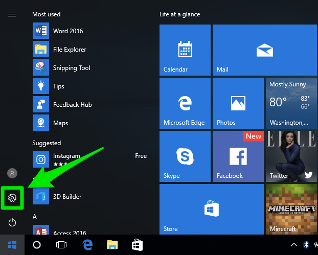 Windows 10 start menu with "control panel" being highlighted by a green box with an arrow pointing at it.