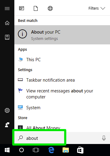 Windows 10 start menu with the search programs and files highlighted by a green box and arrow.