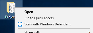 A right click of a file leading to a set of new options including, "Open", "Pin to Quick access", and "Scan with Windows Defender".