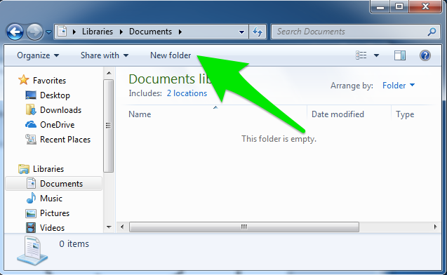 A file finder window is open specifically on the documents page. There is a green arrow pointing towards the option to create a "New Folder" in Windows 7.