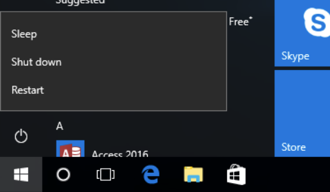 Start menu zoomed in on the shut down button on Windows 10.