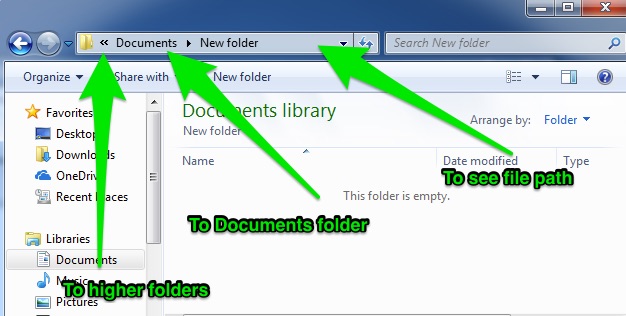 A file finder window is open with three green arrows pointing in different directions. The first is pointing "To Higher Folders" the second is pointing at the "Documents Folder" and the third is aimed at the "File Path".