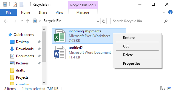 A recycle bin with the option to restore a recycled file easily accessible after double clicking on the file.