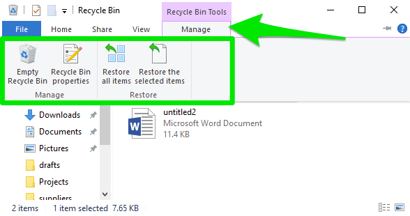 A recycle bin showing the multiple options on how to manage the bin.