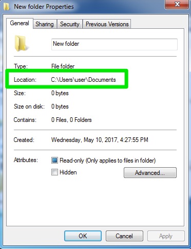 A New Folder Properties dialog box is open. There is a green box around the location details of the new folder.
