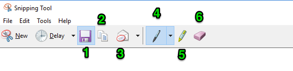 The snipping tool window is open. There are six green numbers each identifying a different feature of the snipping tool. The first one represents the save feature. The second identifies where the copy button is. The third numbers shows where the send to feature is. The fourth identifies the pen option. The fifth one demonstrates where the highlighter is and the sixth number points out where the eraser option is found.