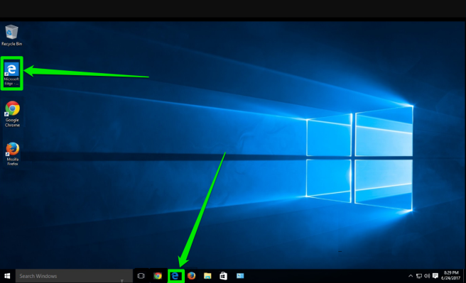 The desktop of a Windows 10 is displayed. There are two green arrows pointing at the two places where the edge browser icon can be found.