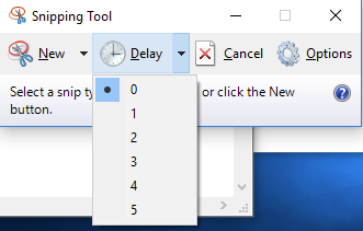 The snipping tool is open and the delay section has been clicked on. There is a dropdown menu with the option to select from 6 different times listed(0,1,2,3,4,5,6).