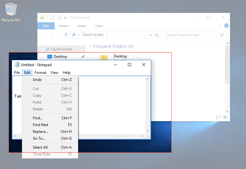 Image of a Windows 10 Desktop with two individual windows open. One is a file finder and the other is a textbook. In front of the file finder is a large red box, indicating that there is a screenshot using the snipping tool in progress specifically on the text box.