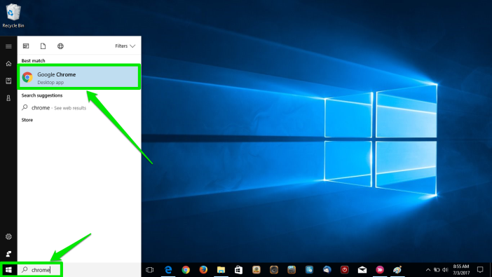 The desktop of a Windows 10 is displayed. There are two green arrows pointing at the windows button on the desktop as well as the search box. The second arrow is pointing at the Google Chrome icon in the newly opened menu.