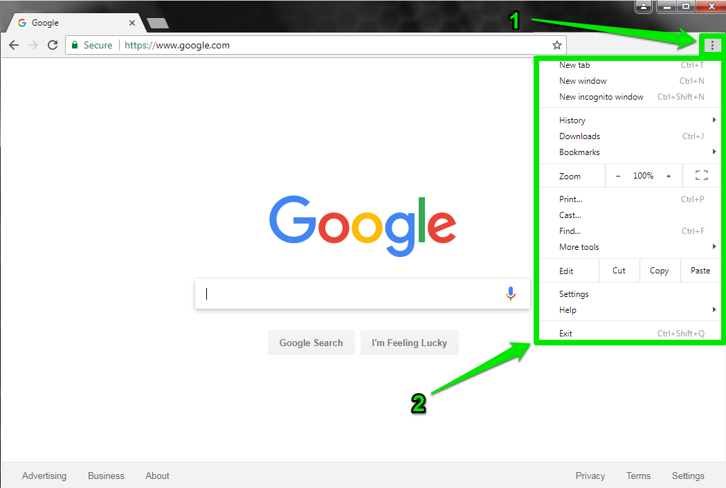 A browser with a green arrow pointing at a green box which shows how to open the dropdown menu.