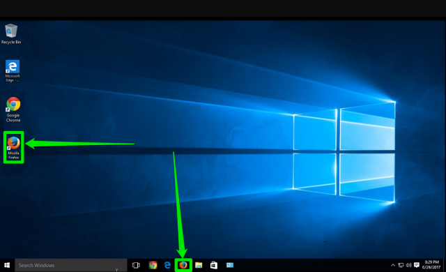 The desktop of a Windows 10 is displayed. There are two green arrows pointing at the two places where the Mozilla Firefox icon can be found.
