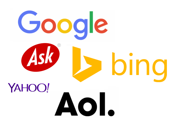 There are five web browser application logos displayed. On the top is the Google logo, in the middle row are Ask and Bing. On the bottom row the logos of Yahoo and Aol are displayed.