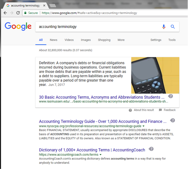 A Google search has been entered for accounting terminology.