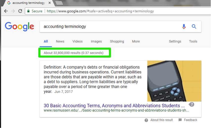 A Google search has been entered for accounting terminology. A green box is highlighting that about 32,800,000 results were found in 0.37 seconds.