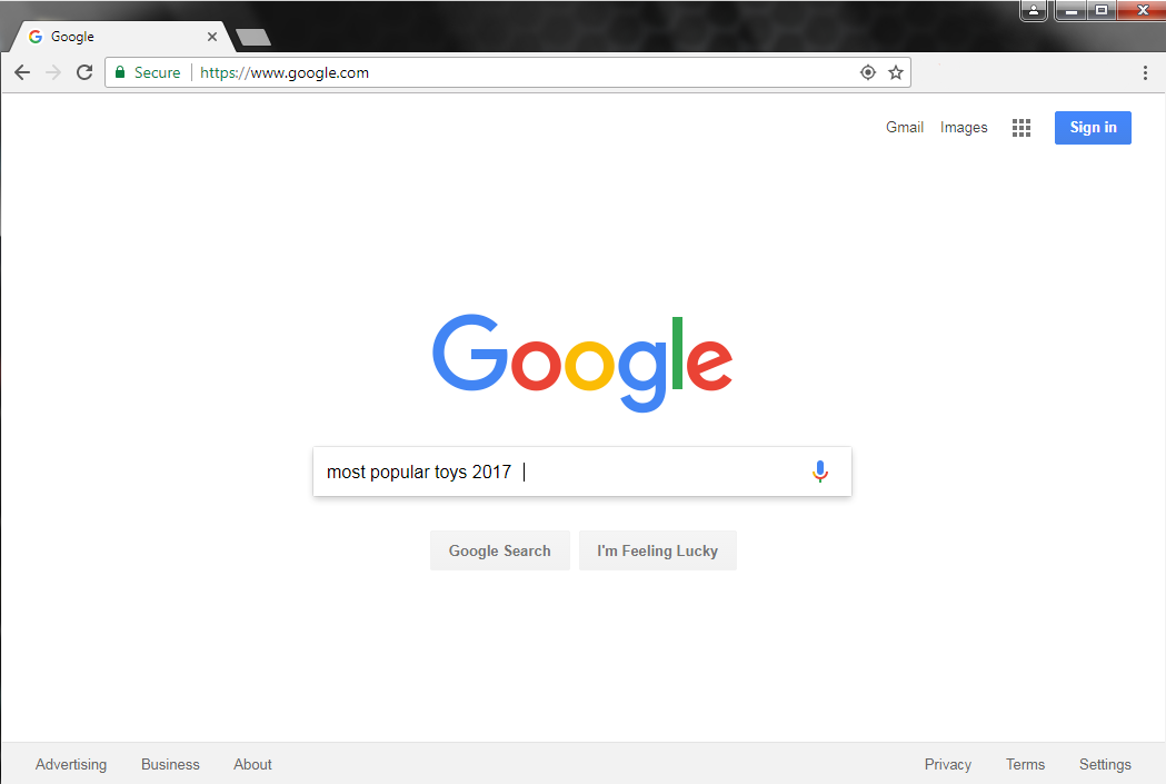 The Google search engine is open, with a search for, "Most popular toys 2017" entered in the search box.