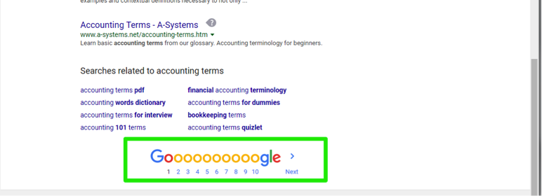 A Google search has been entered for accounting terms, a green box shows how many different pages of results can be displayed.