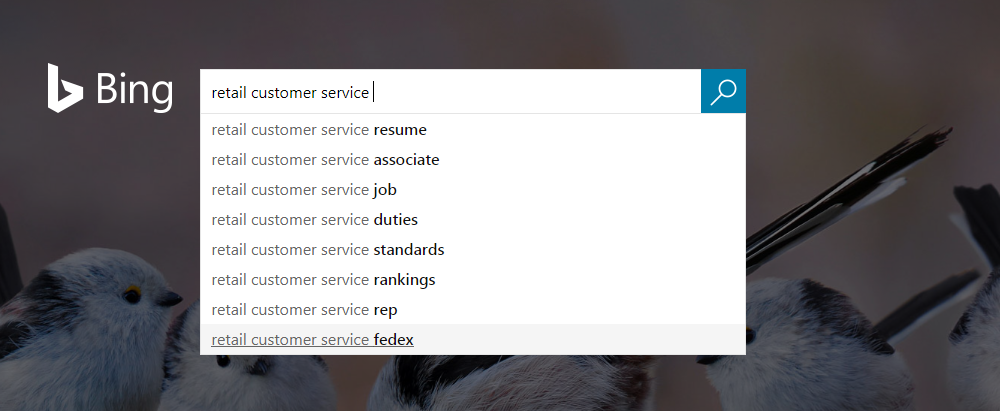 The Bing search engine is open, with a search for, "retail costumer service" entered in the search box. Instant search results are displayed.