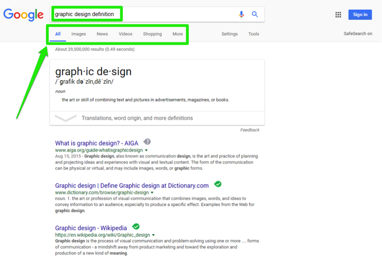 A Google search has been performed for, "graphic design definition". There is a green box showing where the search box is and another below it highlighting where you want to search specifically. The options include search all, images, news, videos, shopping and more.