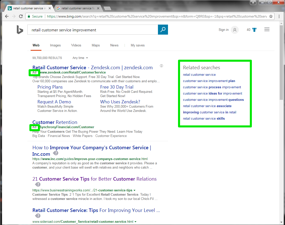 The Bing search engine is open, with a search for, "retail costumer service improvement" entered in the search box. A green box surrounds two of the search results showing that they are ads. On the right side of the page is another green box showing options to see other related searches.