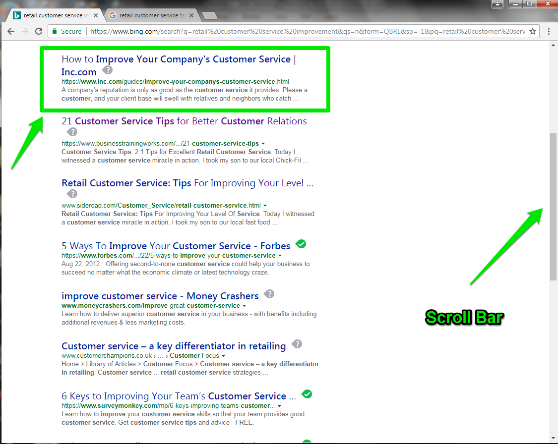 The Bing search engine has been run displaying several options for the search that had been entered. The top search result is highlighted in a green box. On the right side of the page is an arrow pointing at the scroll bar demonstrating how to view all of the search results.