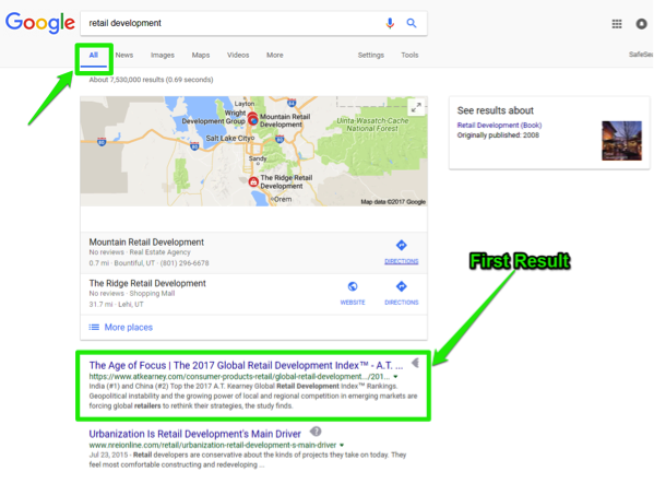 The Google search engine is open, with a search for, "retail development" entered in the search box. A green box shows that the search has been run for all search results. There is another green box showing what the first results is.