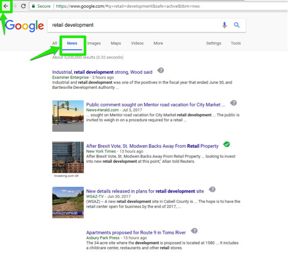 The Google search engine is open, with a search for, "retail development" entered in the search box. A green box shows where the back button is in the top left corner. There is another green box showing that this search has been run specifically for news.