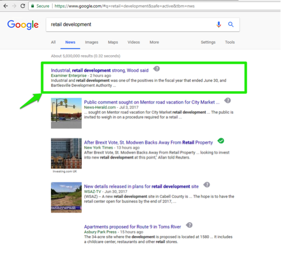 The Google search engine is open, with a search for, "retail development" entered in the search box. A green box shows what the first result is from running this search in the news section.