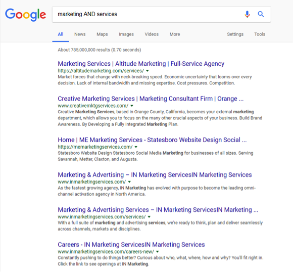 A google search has been entered for, Marketing AND services.