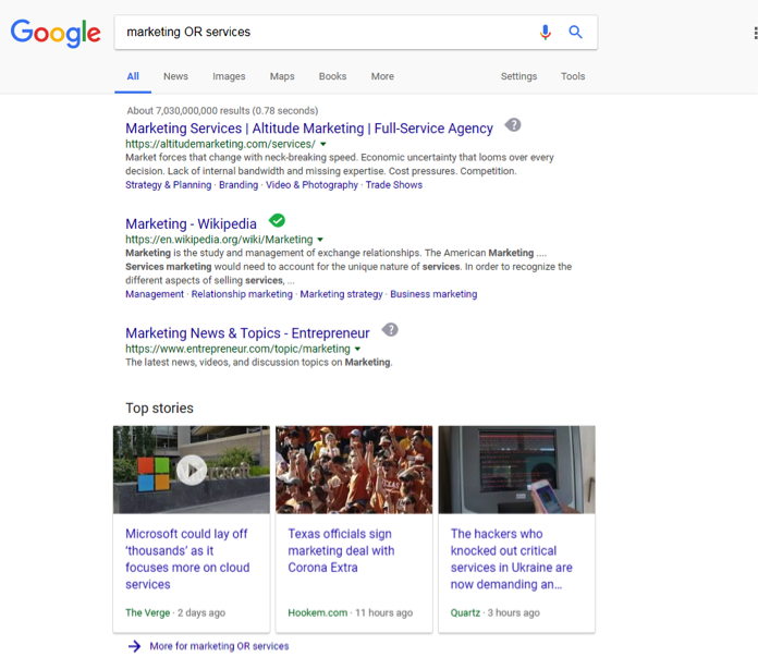 A google search has been entered for, Marketing OR services.