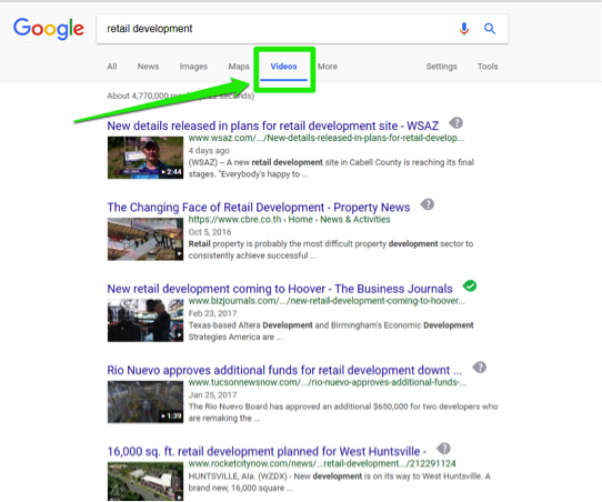 The Google search engine is open, with a search for, "retail development" entered in the search box. There is a green box showing that this search has been run specifically for videos.