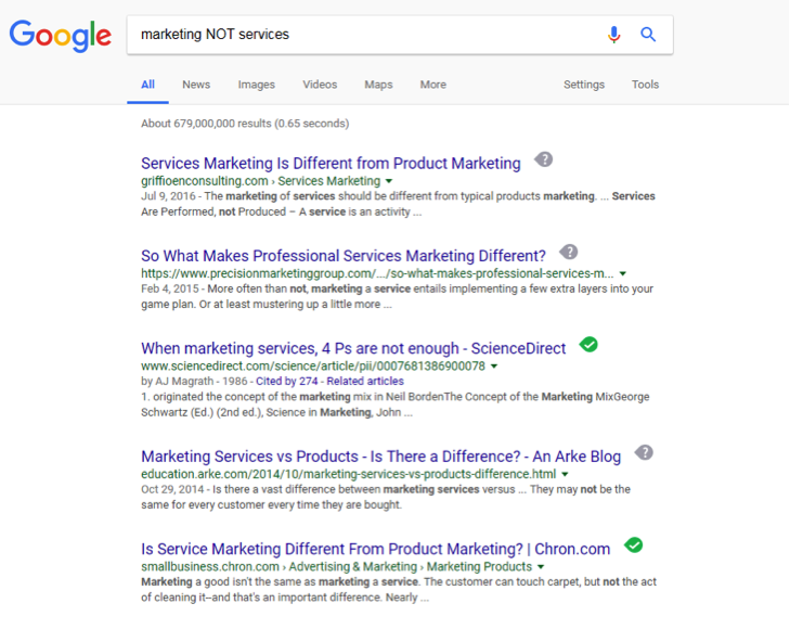 A google search has been entered for, Marketing NOT services.