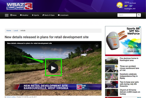 A Huntington, West Virginia news channel website containing a video about plans for a retail development site.