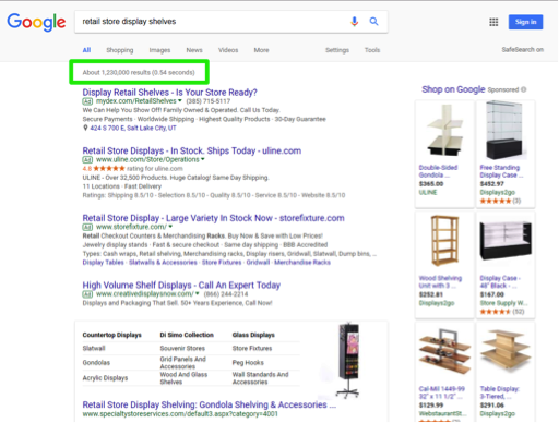 A google search has been entered for, "retail store display shelves". There is a green box highlighting the number of search results that were found as a result of the search entered.