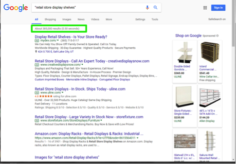 A google search has been entered for, retail store display shelves. There is a green box highlighting the number of search results that were found as a result of the search entered.