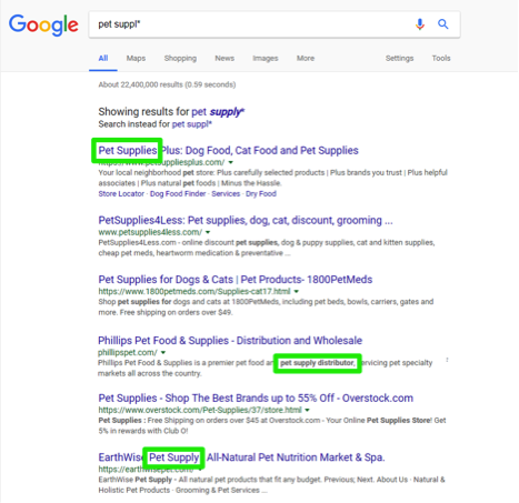 A google search has been entered for, pet suppl*. There are three green boxes highlighting smart search results.