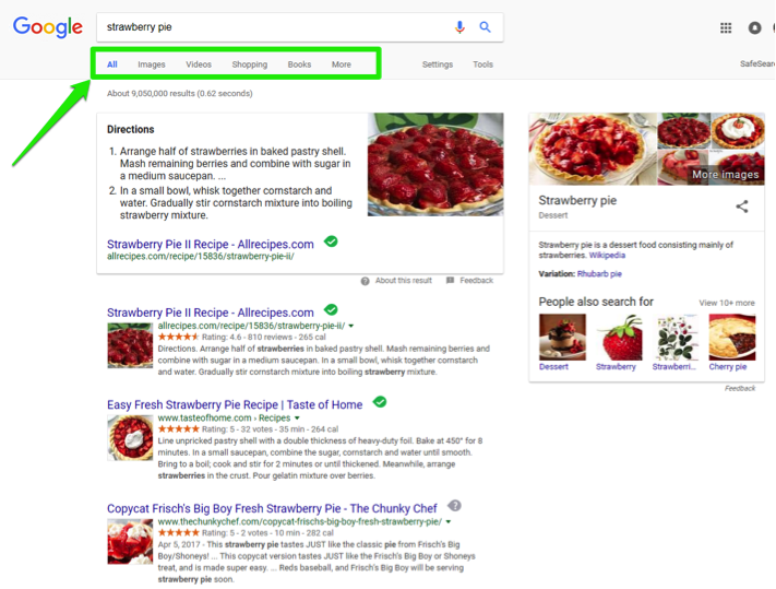 A Google search for "strawberry pie" has been entered. Above the displayed search results the menu with six choices is displayed in a green box.