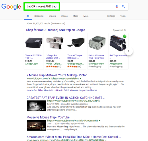 A google search has been entered for, (rat Or mouse) AND trap. There is a green box surrounding the search bar.