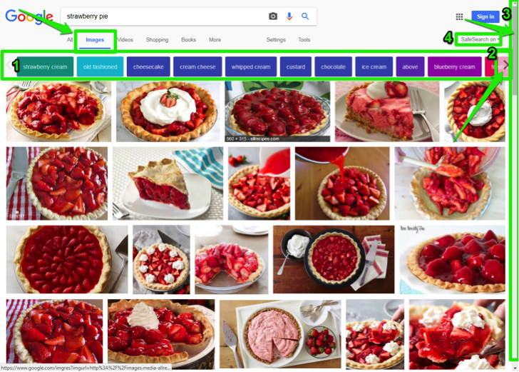 A Google search for "strawberry pie" has been entered in the images section. There are four green boxes highlighting different sections of the page. The first one is indicating where the image category button has been entered. The second one is highlighting where the additional category button arrow is. The third is highlighting where the scroll bar is and the fourth shows where the safe search feature is.