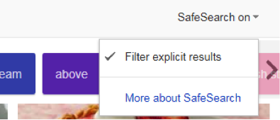 The SafeSearch dropdown menu on a Google search has been zoomed in on. A check mark is next to the filter explicit results on the dropdown menu.